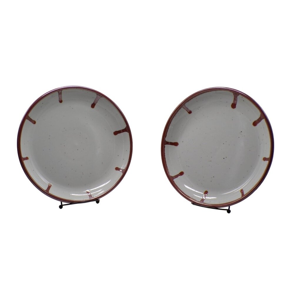 Lauffer (2) Firethorn Burgundy Drip & Speckle Stoneware Coupe Dinner Plates